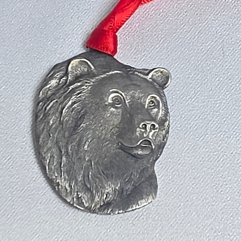 Vintage 1996 Franklin Mint Grizzly Bear Christmas Ornament Pewter Tone Wildlife